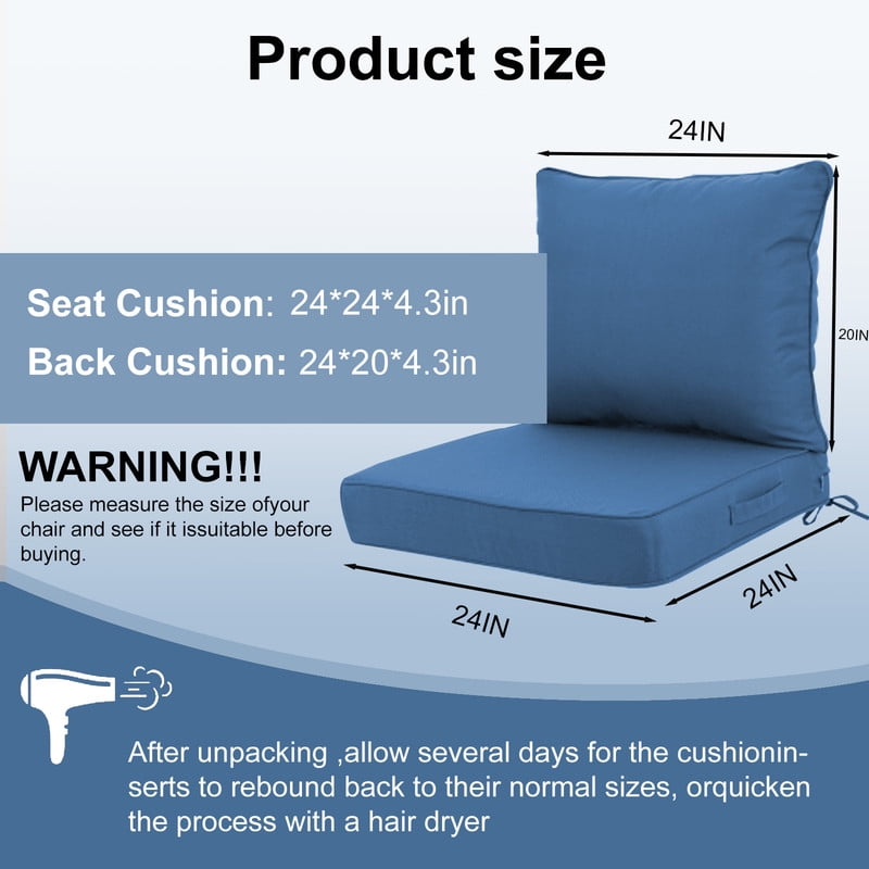 Outdoor deep seat patio cushions set, 24in x 24in, Waterproof Outdoor chair cushions, Replacement patio furniture cushions with Ties（2pc Blue）