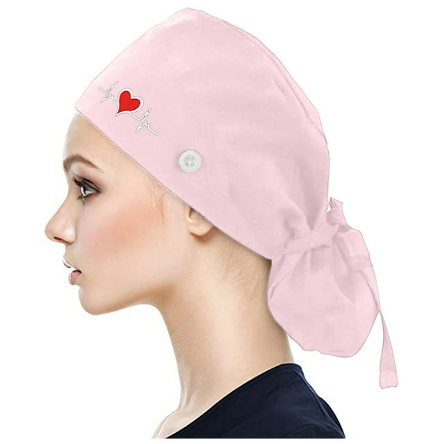 PEIXUN Scrub Cap with Buttons Bouffant print Hat with Sweatband for Womens and Mens