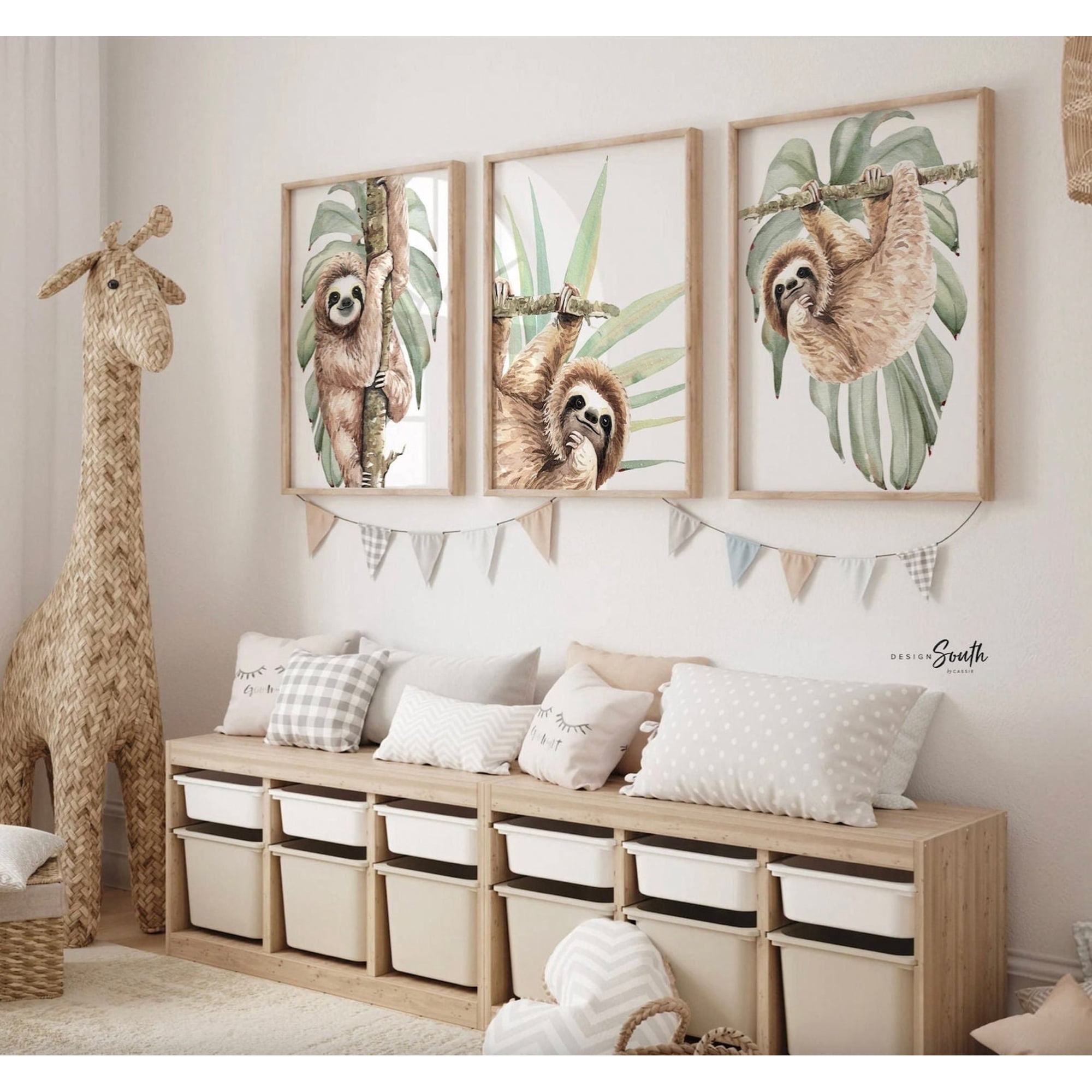 Sloth Set Themed Ideas Tropical Rainforest Neutral Green Gray Newborn Woodland Nursery Poster, Set 3, Poster Only