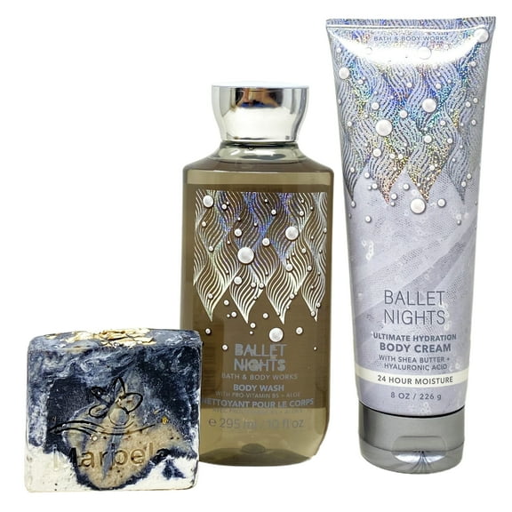 Bath & Body Works BALLET NIGHTS Body Cream and Body Wash Gift Set with a Marbela Charcoal Scrub Bar Soap - Full Size