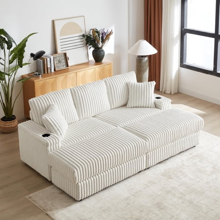 84" Corduroy 3-Seater Sofa,Modern Couch Bed,Modular Sectional Sofa,2 Storage Spaces and Cup-Holding Grooves for Apartment,Living Room,Office,Reception Area,Beige