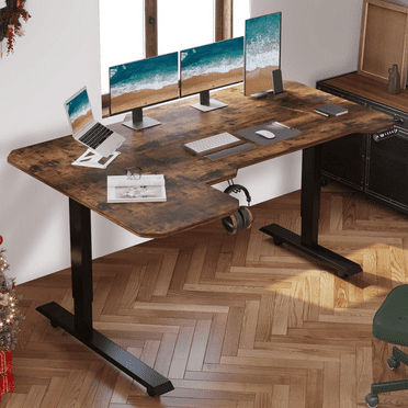 CometMin 59-Inch Large Electric Height Adjustable Computer L-Shaped Desk with Memory Controller Corner Standing Desk Modern Workstation with Splice Board Game Ergonomic(Rustic Brown Top, Black Frame)