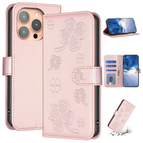 SaniMore for iPhone 14 Pro Wallet Case, PU Leather Embossed Flower Adjustable Stand Card Slots Cash Pocket Business Shell Styllish Full Protective Shockproof Anti-drop TPU Inner Retro Design, Pink