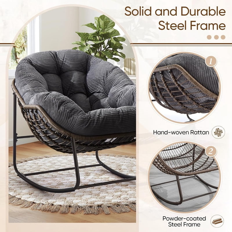 Outdoor Rattan Rocking Chair, Rocking Papasan Chair with Thick Cushion, Comfy Wicker Egg Chairs Lounge Recliner Chair, Padded Cushion Rocker