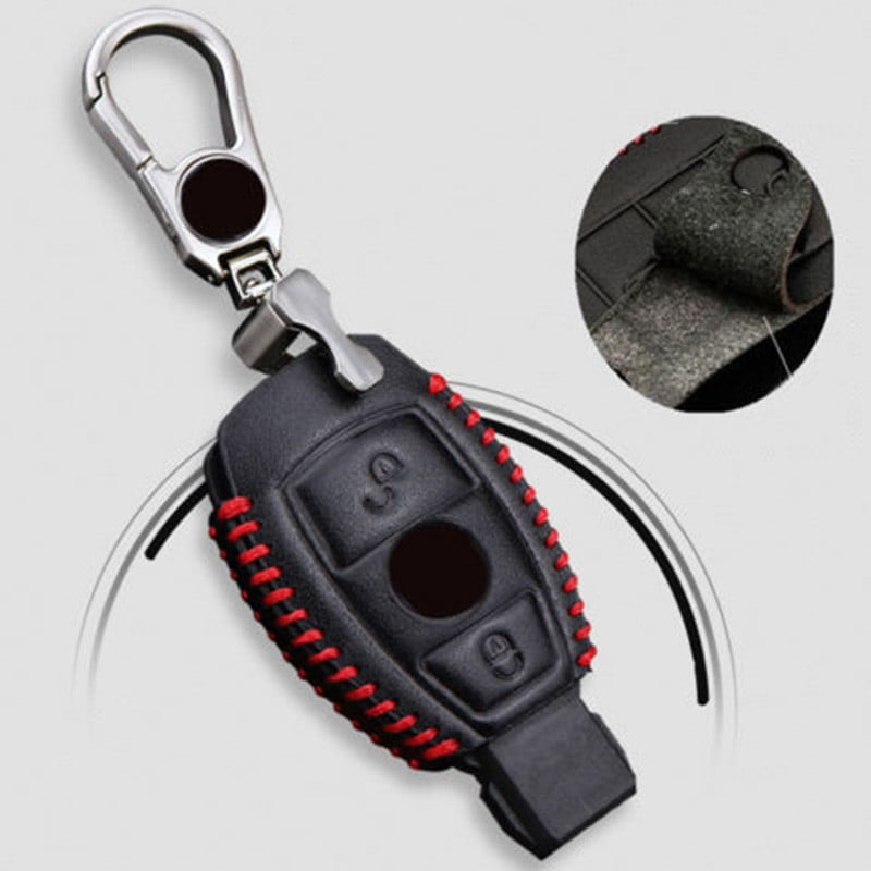 Leather Car Key Case Fob Cover Chain For Mercedes Benz Remote 2 or 3 Buttons 