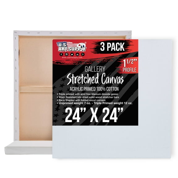 U.S. Art Supply 24" x 24" Gallery Depth 1-1/2" Profile Stretched Canvas 3-Pack - Acrylic Gesso Triple Primed 12-ounce 100% Cotton Acid-Free Back Stapled