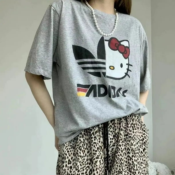 Camiseta Kawaii de Hello Kitty, nueva China-Chic Spoof KT Sanrio Y2K Spicy Girls, Camiseta holgada de manga corta a la moda americana de calle Retro
