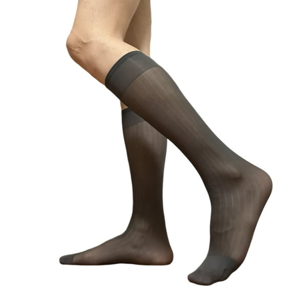 Mens Thin Silk Formal Dress Suit Socks Clear Sheer Over the Calf Tube Socks Male Business Dress Wide Stripe Long Socks