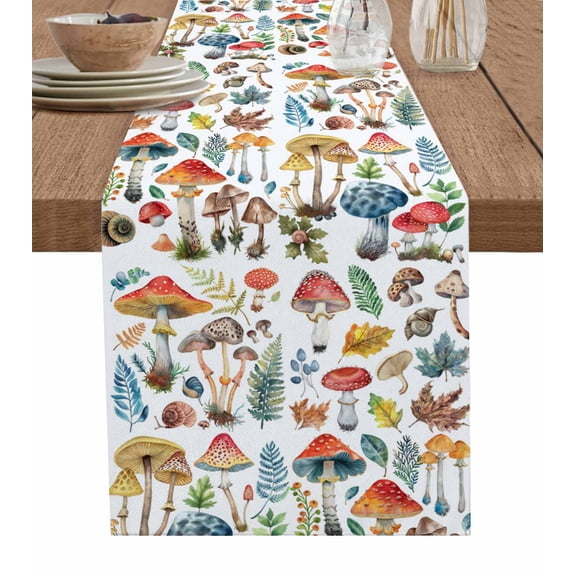 Ldtrchee Colorful Mushroom Table Runner 70 Inches, Watercolor Spring Floral Summer Botanical Bed Runner Dresser Scarves Tabletop for Indoor Outdoor Parties/Ceremony/Banquet, 13" x 70"
