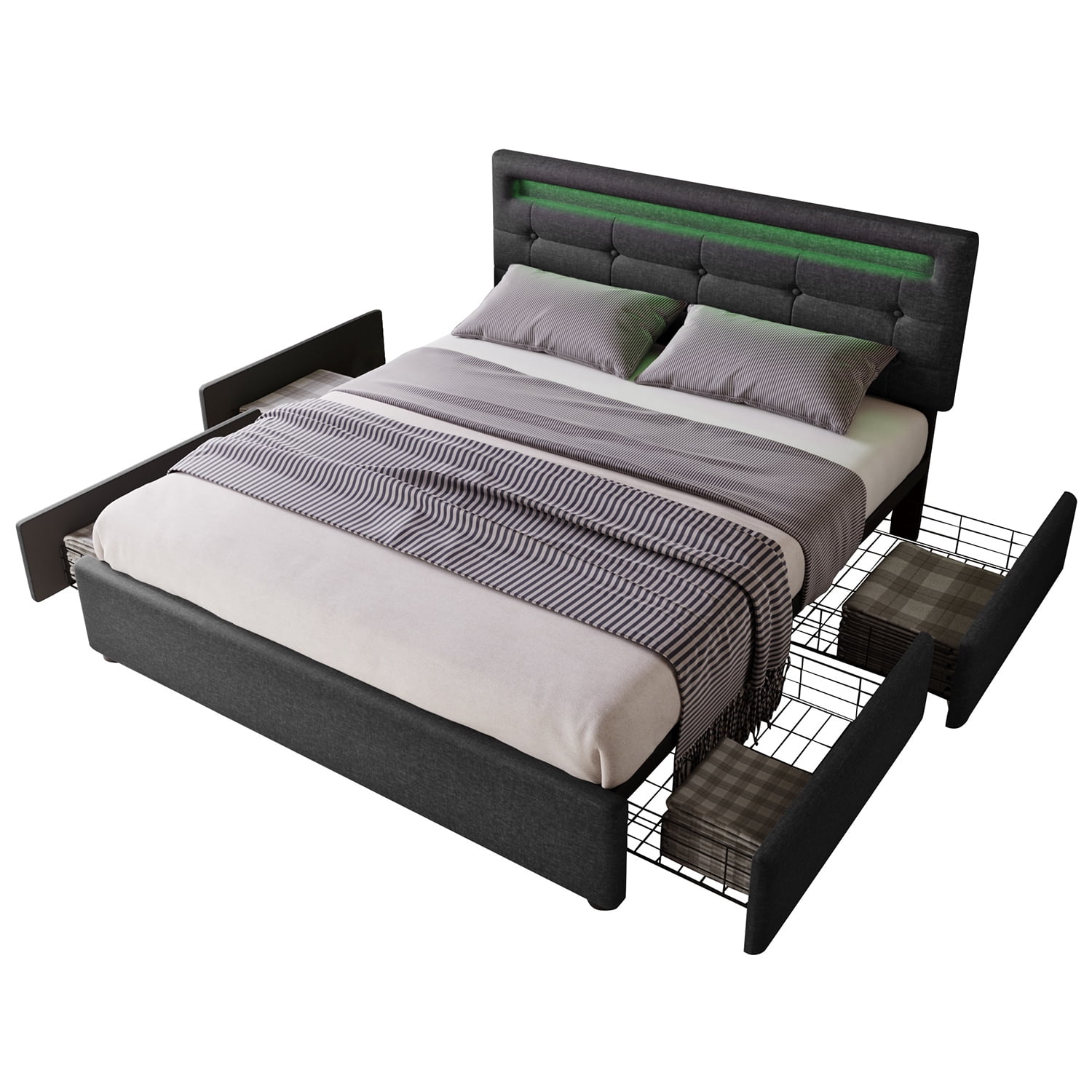 Kadyn Bed Frame Full Size, Upholstered Platform Bed Frame with 4 Storage Drawers and LED Lights & Adjustable Headboard,No Box Spring Needed,Grey