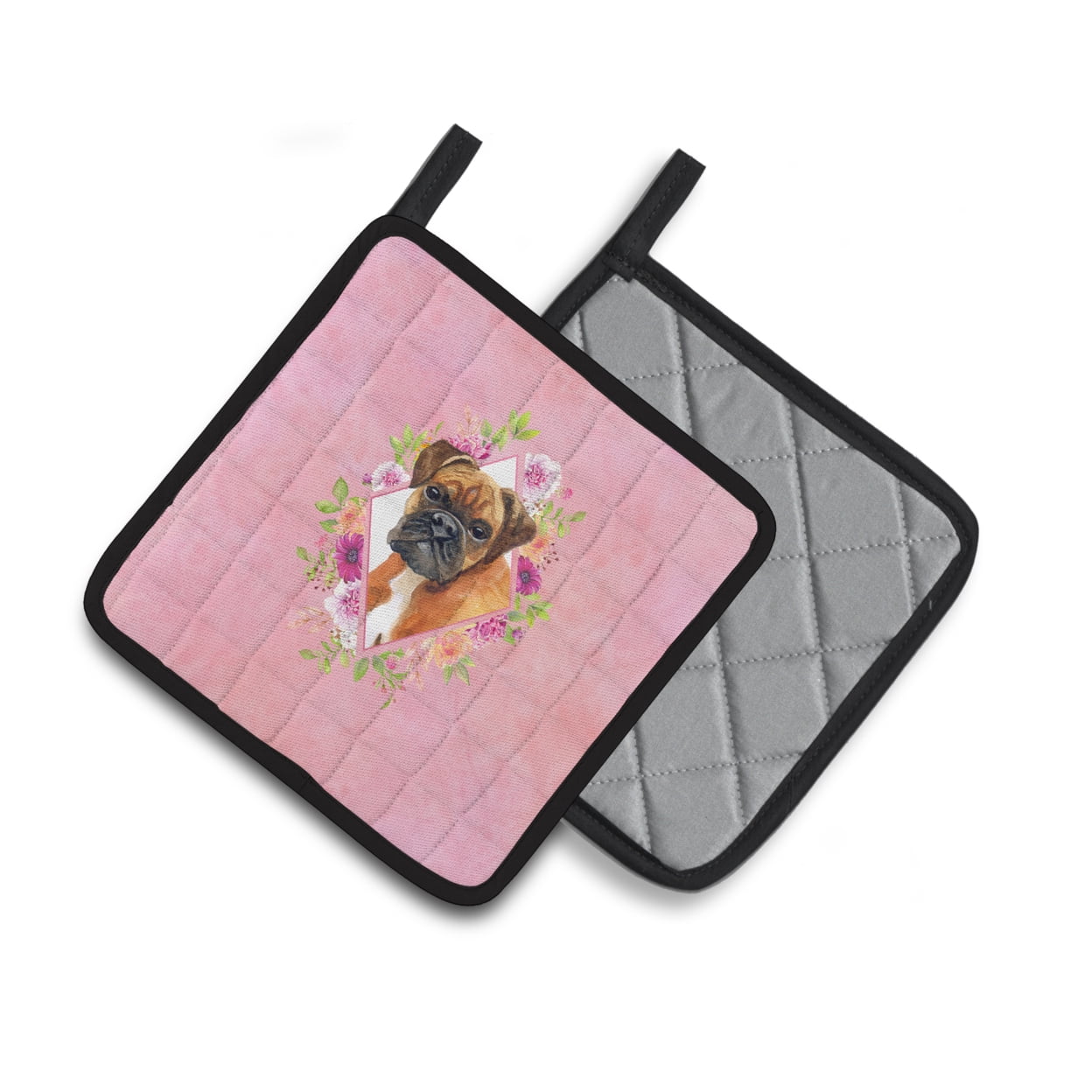 German Boxer Pink Flowers Pair of Pot Holders