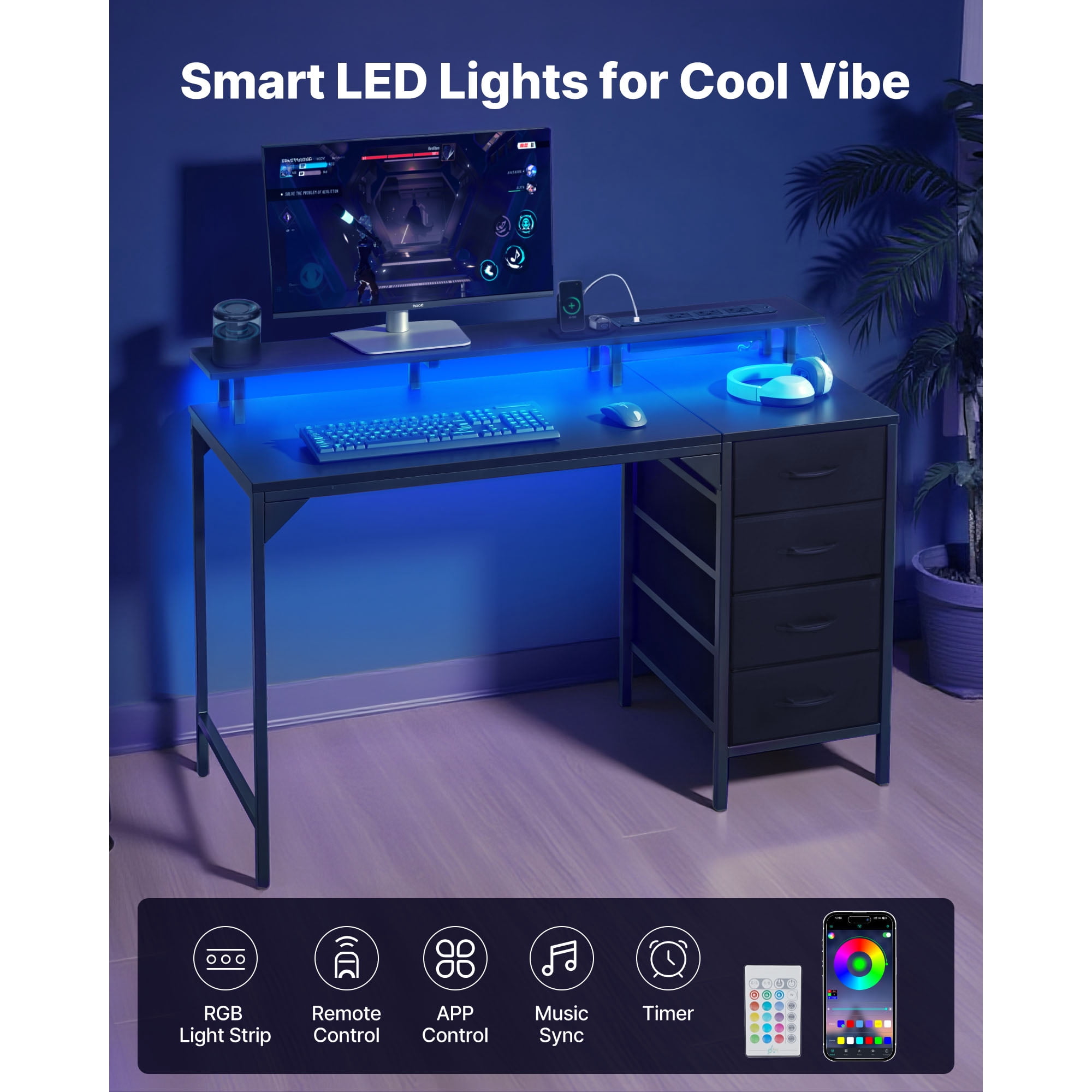 KFFKFF 47" Gaming Desk with LED Lighting & Power Outlets, Computer Desk with 4 Spacious Drawers, Monitor Riser, Black