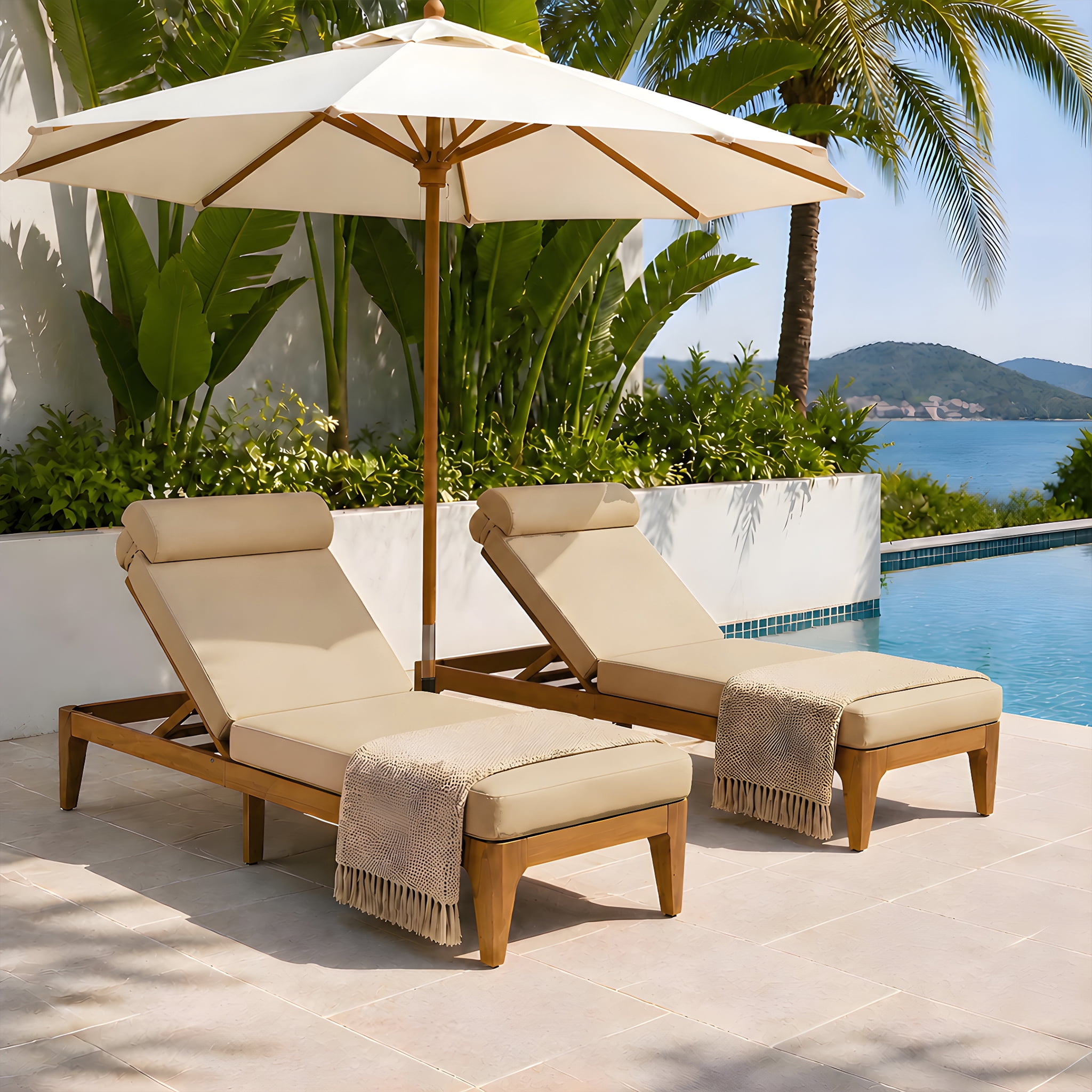 Mintazer Outdoor Chaise Lounge Set of 2, Sun Lounge Chair with Removable Cushion & Head Pillow, Patio Recliner with 4 Gear Adjustable Recliner for Poolside Deck, Natural & Brown