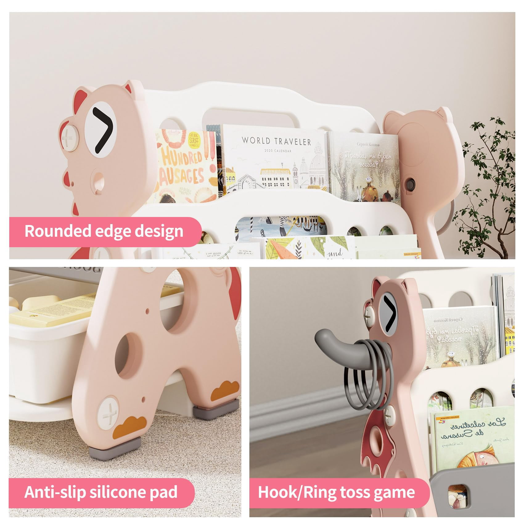 UNICOO® Kids Baby Dragon 2 Tier Bookshelf with 3 Toy Storage Bins, Children Bookshelf & Toy Organizer (Pink)