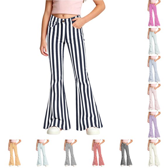 JAJAHO Girls Flare School Uniform Pants Striped Flat Front Bell Bottoms Back To School Clothes For Kids 5-16Y