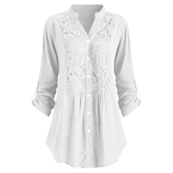 Meichang Button Down Shirts for Women Plus Size Stand Collar Roll Up Cuffed Sleeves Tops Loose Fit Tunic Blouses Lace Patchwork Work Tops White XXXXL