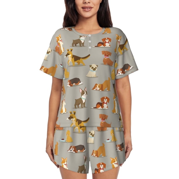 Fotbe Cute Dog Conjunto de Pijama Estampado para Mujer, 2 Piezas, Ropa de Dormir con Camiseta de Manga Corta y Shorts Suaves-XX-Large
