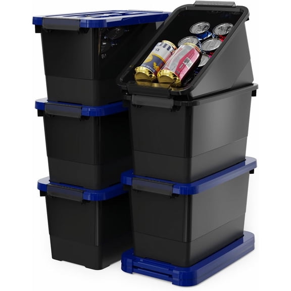 6-Pack Blue 7 Quart Storage Latch Box/Bins, Plastic Stackable Latching Box with Brown Handle and Lid, Multi-Purpose, 7 Litre