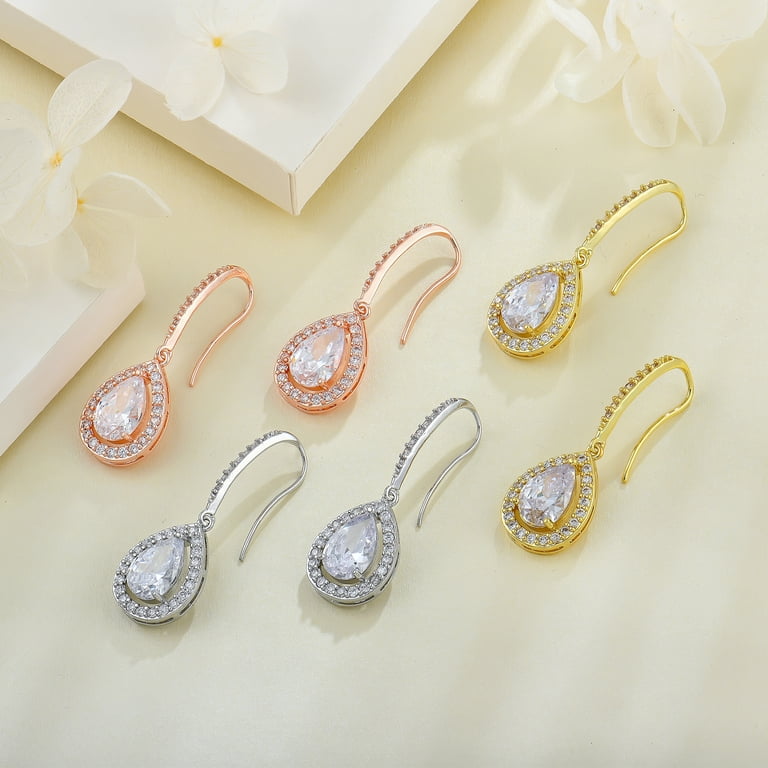 PYNZY Rose White Gold Plated Crystal Jewelry Earrings Women's Drop Dangle  Teardrop Earrings Gift for Her - Walmart.com