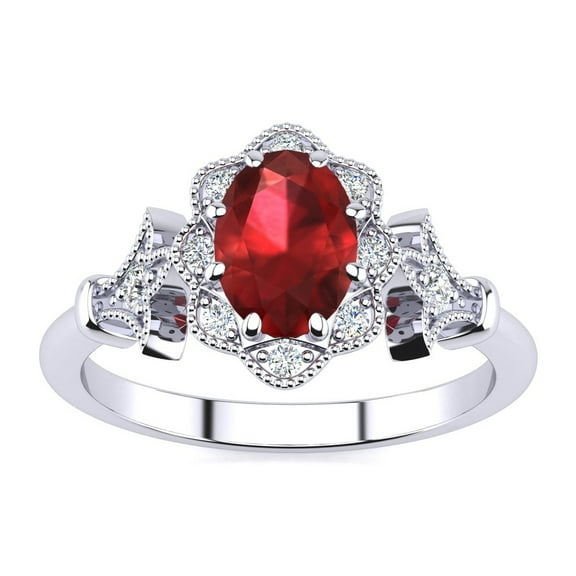 SuperJeweler 1 Carat Oval Shape Created Ruby and Halo Diamond Ring In Sterling Silver For Women