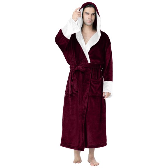 Mens Pajamas Fuzzy Hooded Robe Casual Warm Bathrobe Long Sleeve Solid Patchwork Warm Home Wear Heavyweight Men's Sleepwear Brick Red L