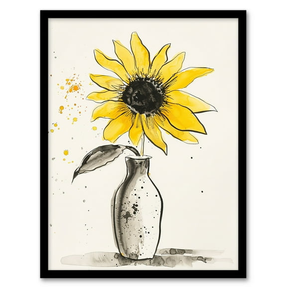 Artery8 Single Sunflower in Vase Yellow Grey Watercolour Living Room Art Print Framed Poster Wall Decor 12x16 inch