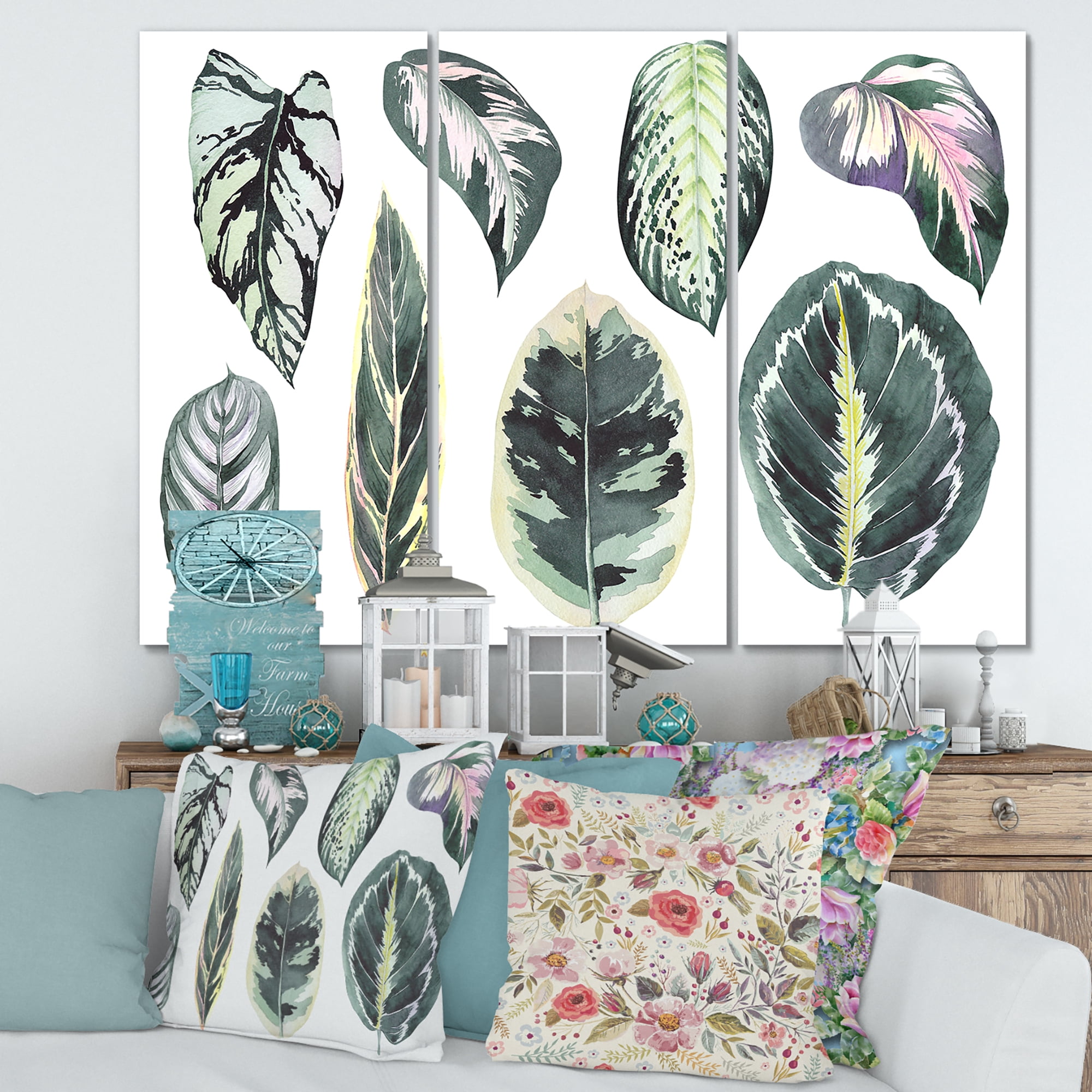 Designart ' Tropical Calathea Leaves On White ' Bohemian & Eclectic Canvas Wall Art Print