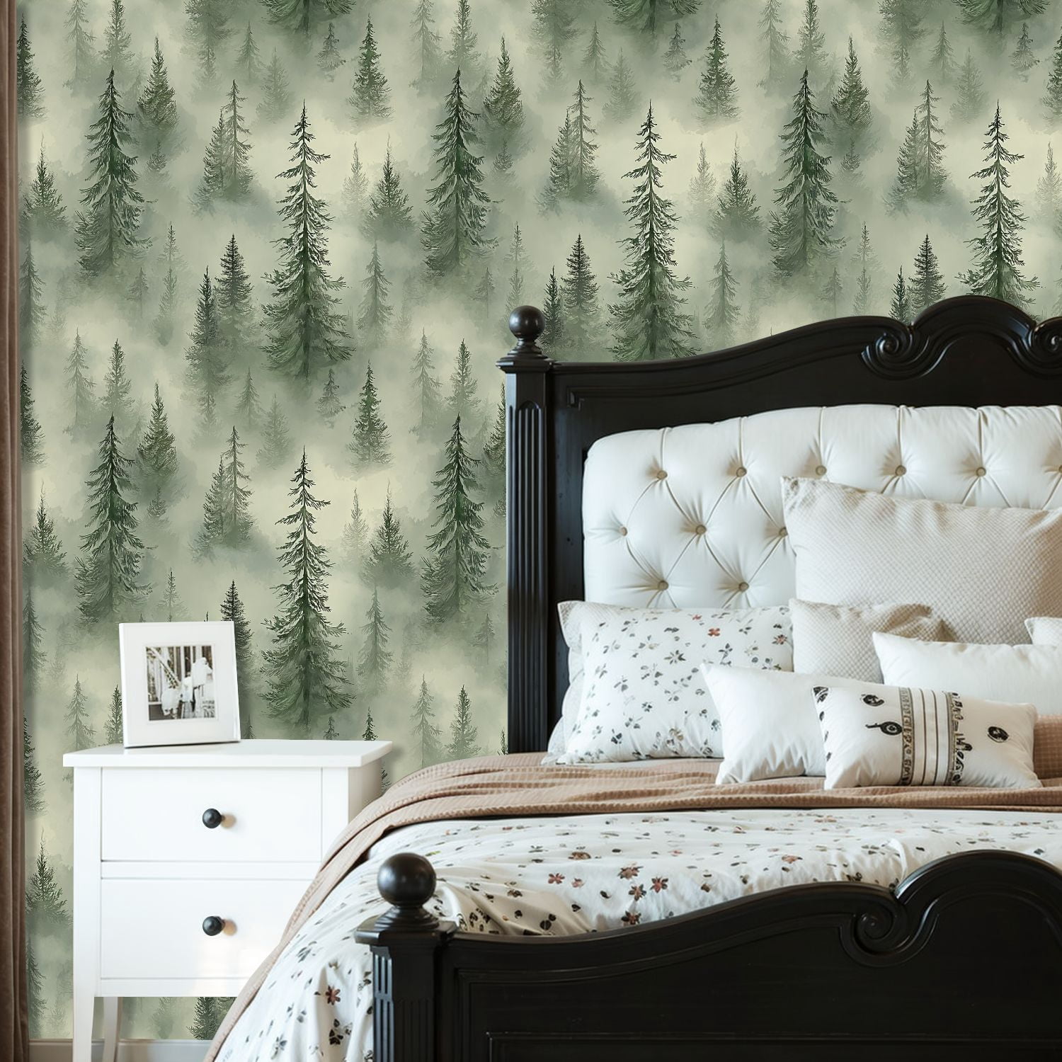 Peel and Stick Wallpaper 23.6in x 9.8ft Misty Botanical Forest Landscape Tall Pine Trees Foggy Contact Paper Vinyl Waterproof Self Adhesive Wall Paper for Bedroom Shelf Cabinet Renter Friendly