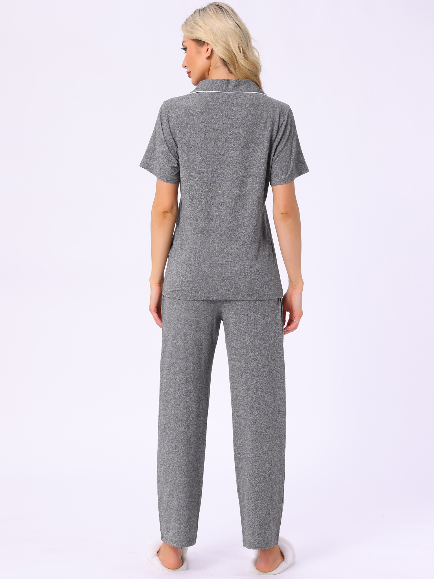 DARING DIVA Women's Pajama Set Button Down Soft Short Sleeve Long Pants S Deep Grey