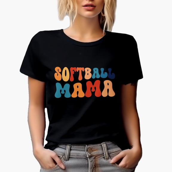 Softball Mama, Mother of a Player Themed, Groovy Retro Wavy Text Merch Gift, Black T-Shirt, Small