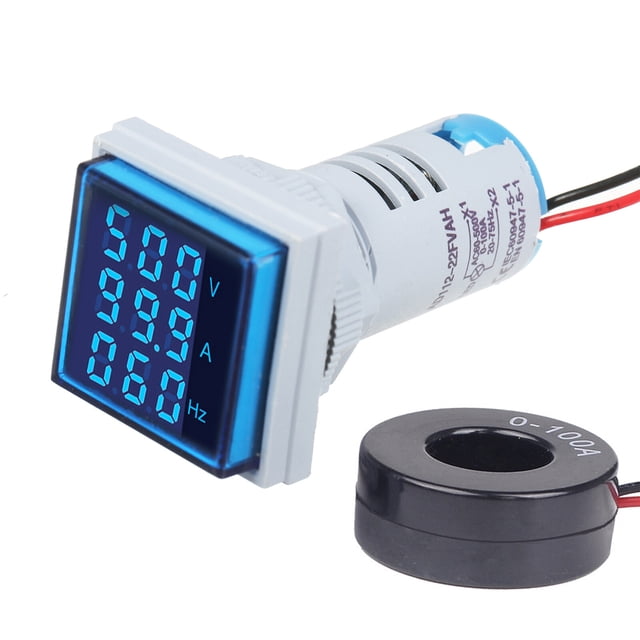 Graflsoa Compact 3-in-1 Digital Tester for AC Voltage, Current, and Frequency with LED Display, 60-500V, 0-100A, 20-75Hz, Blue Panel, 2.2x2.2 Inch Square Design