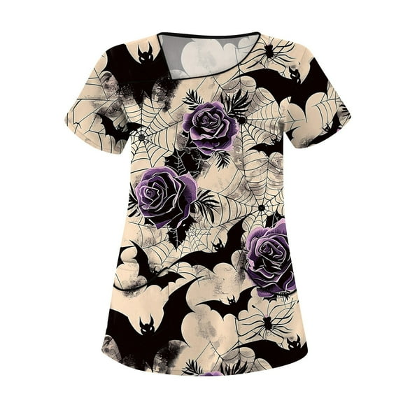 Womens Scrub Tops Cute Animals Print V Neck Short Sleeve Shirts Stretch Nurse Uniform Medical Scrubs with Pockets Beige M