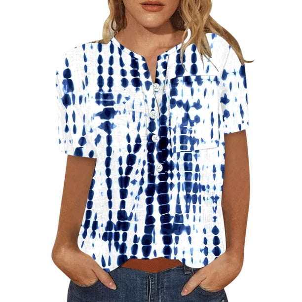 Moda mujer manga corta estampado botón bolsillo Casual Tops blusa