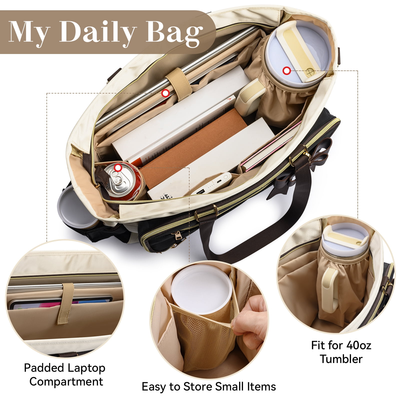 Teacher Tote Bag for Women - Multi-Pocket Laptop & Nurse Work Bag with Cup Holder, Structured Business Briefcase Computer Purse（Brown）