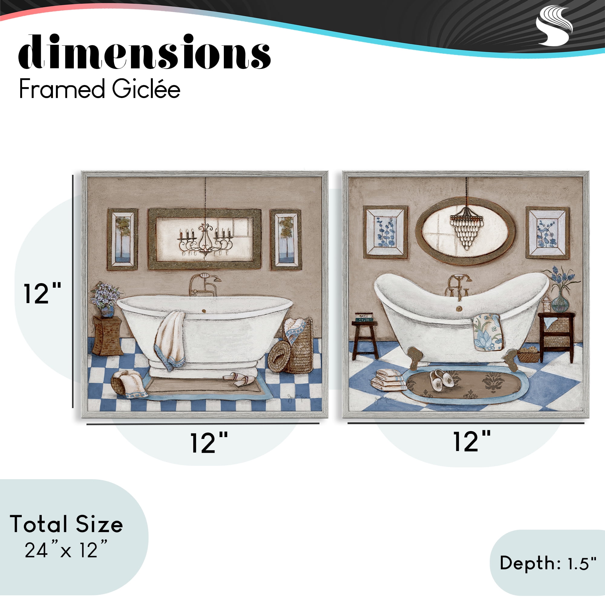 Stupell Industries Tiled Bathroom Views 2 Piece Gray Framed Giclee Art Set, design by Janet Tava