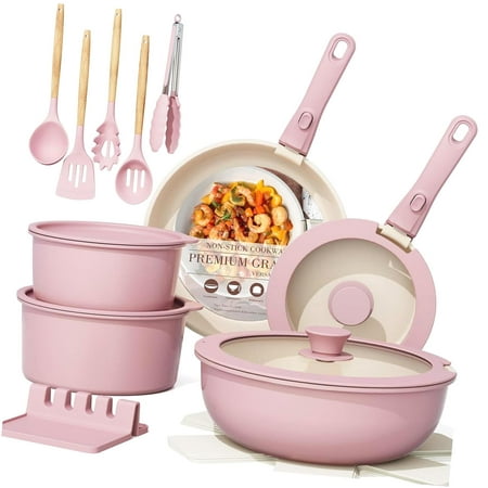 ANYWAY.GO 21-Piece Non-Stick Cookware Set, Ceramic Pots and Pans with Removable Handles, for RV and Kitchen Use, Oven Safe, with Induction, Stackable Design