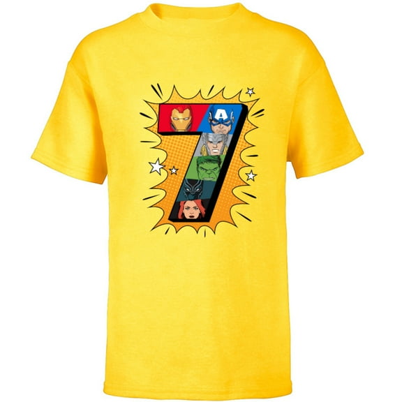 Marvel Avengers Comic Super Heroes 7th Birthday - Short Sleeve T-Shirt for Kids - Customized-Yellow