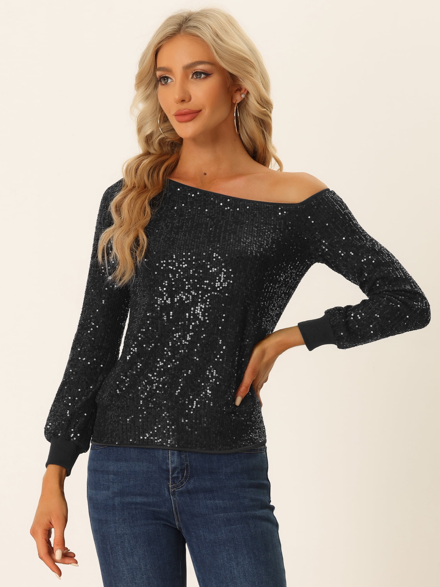 DARING DIVA Women's Sequin Top Off-Shoulder Long Sleeve Tops S Black
