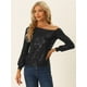 thumbnail image 4 of Top de lentejuelas con hombros descubiertos para mujer de manga larga Disco Party Sparkle Glitter Top Negro XS, 4 of 6