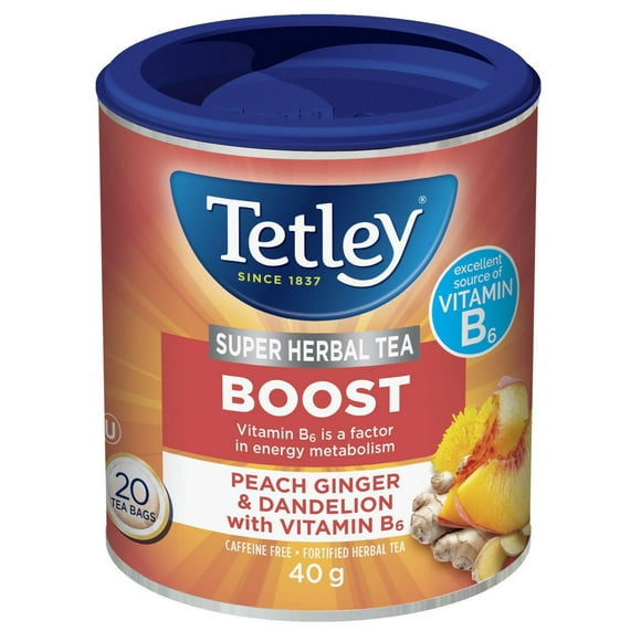 Tetley Super Tisane Vitalité Pêche Gingembre et Pissenlit Source de Vitamine B6 20 ct