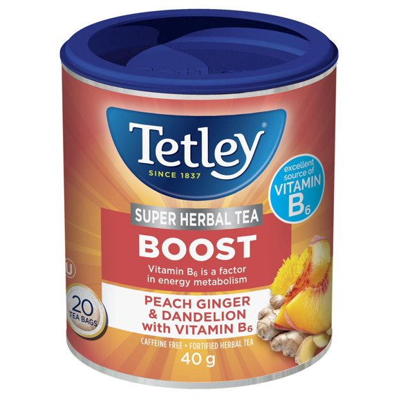Tetley Super Herbal Tea-Boost Peach Ginger Dan with Vit B6, 20 ct