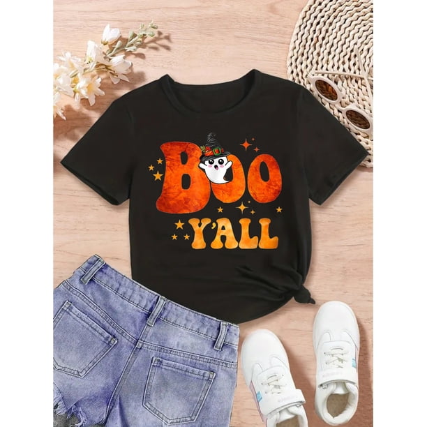 Halloween T-shirt - Youngsters' Halloween "Boo Y'all" Graphic T-Shirt - Black with Orange & White Print, Short Sleeve Round Neck Casual Top for Girls & Boys, Perfect for Fall &