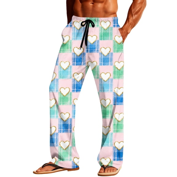 LIaqionyy Valentine's Day for Men's Pajamas Pants Casual Plaid Loose Lightweight Lounge Sleepwear with Pockets