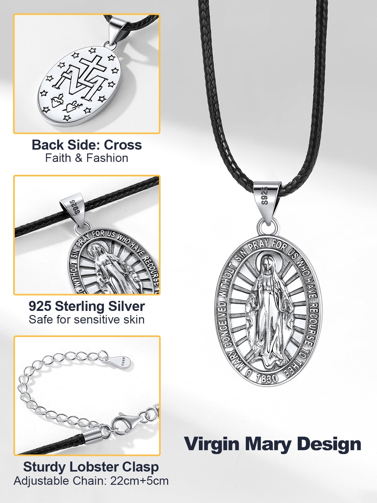 U7 Virgin Mary 925 Sterling Silver Medal Coin Pendant Leather Necklace for Women Men Religious Jewelry Gifts Protection for Her