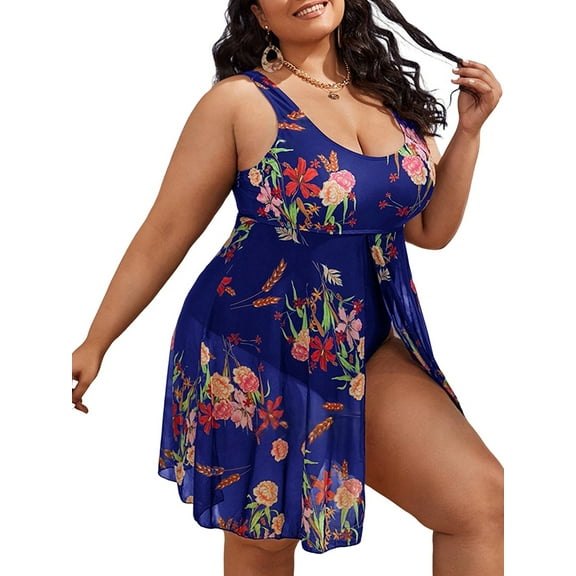 Women'S Plus Size U Neck Printed Tummy Control Side Split Swim Dress 2025 Summer Tankini Swimsuits Sapphire XXXL