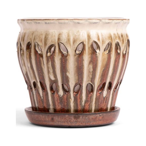 Repotme 6" x 6" x5.5" Pinwheel Fluted Honey Cream Over Copper Ceramic Orchid Pot with Drainage Holes