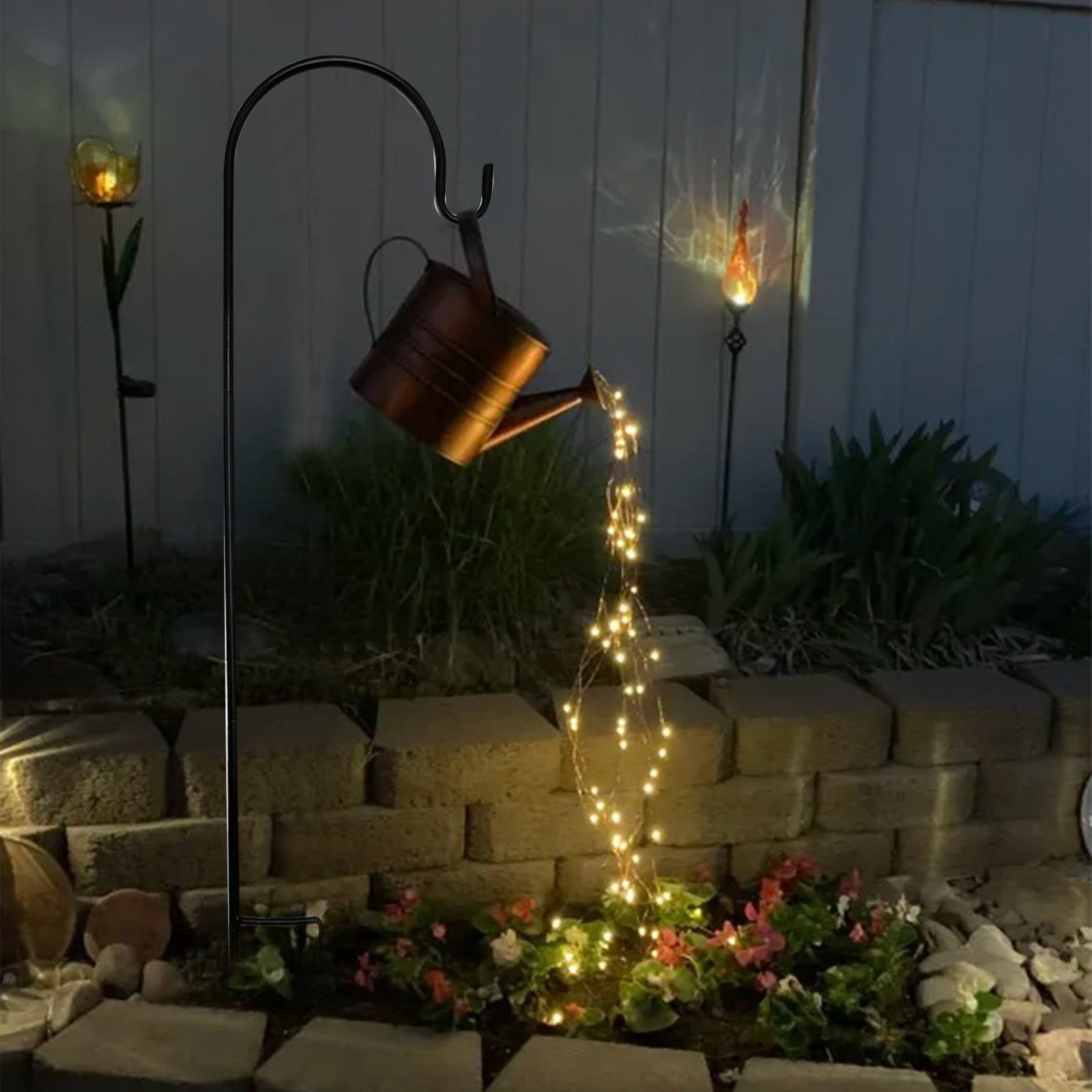 Garden Art Shower Lamp with Watering Can Design,Warm White LEDs,Battery-Powered,Disassemblable for Easy Assembly,Unique Light Decoration for Outdoor Garden（Shower Head+Light+Stand）