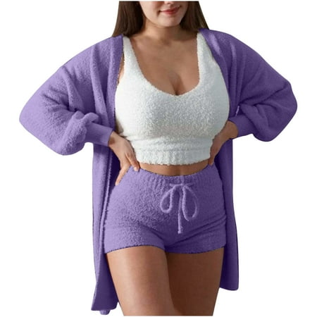 

Pajamas for Women Set Women s 3 Pc Fleece Plush Loungewear Soft Solid V Neck Sleeveness Cropped Tank Tops Long Sleeve Cardigans and Elastic High Waist Drawstring Shorts Set Sleepwear for Women