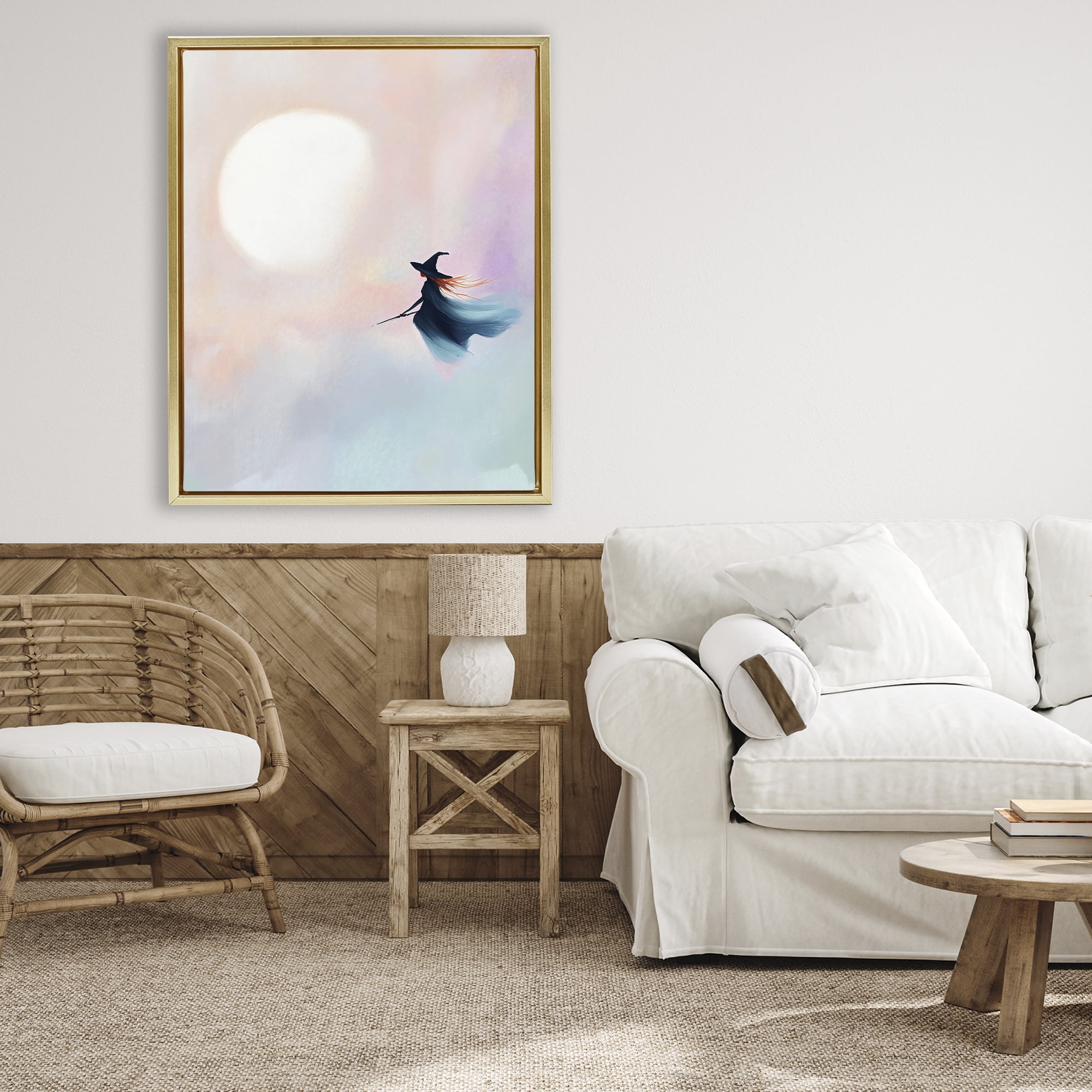 Stupell Industries Witch Flying at Sunset Gold Framed Floater Canvas Wall Art, design by The Prints Vibe