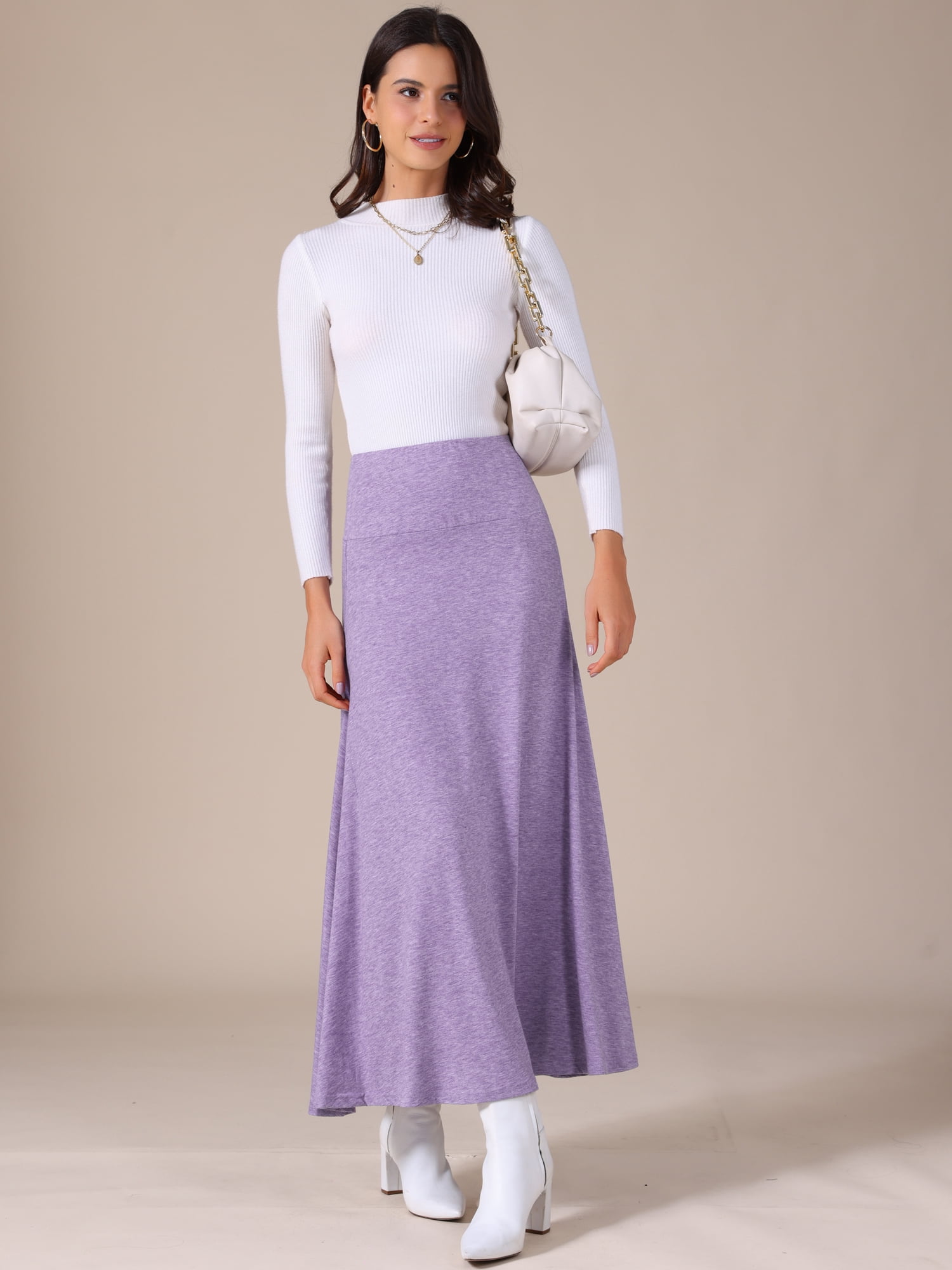DARING DIVA Women's Foldable High Waist Flowy Flare Maxi Skirts M Purple